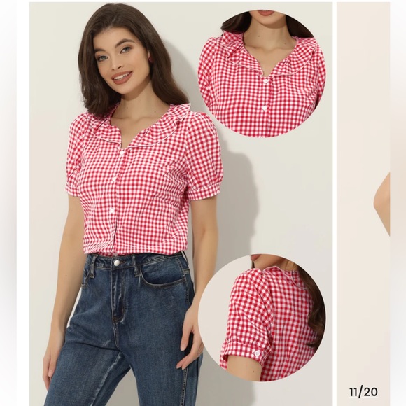 Plaid Blouse Puff Sleeve Ruffle Peter Pan Collar Shirt Top - Picture 7 of 8